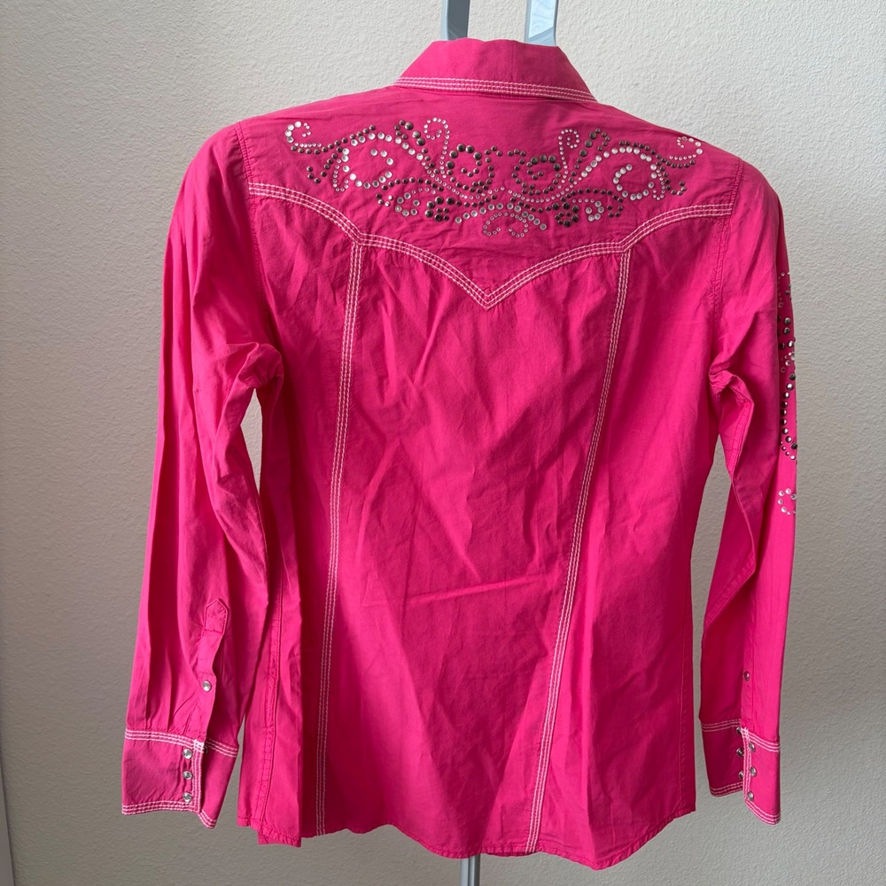 Ariat Western Snap Shirt Women Medium Hot Pink Rhinestone Bling Contrast Stitch - Picture 4 of 7